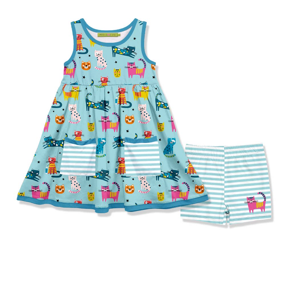Mint Kitty Cats Sleeveless Dress & Shorts