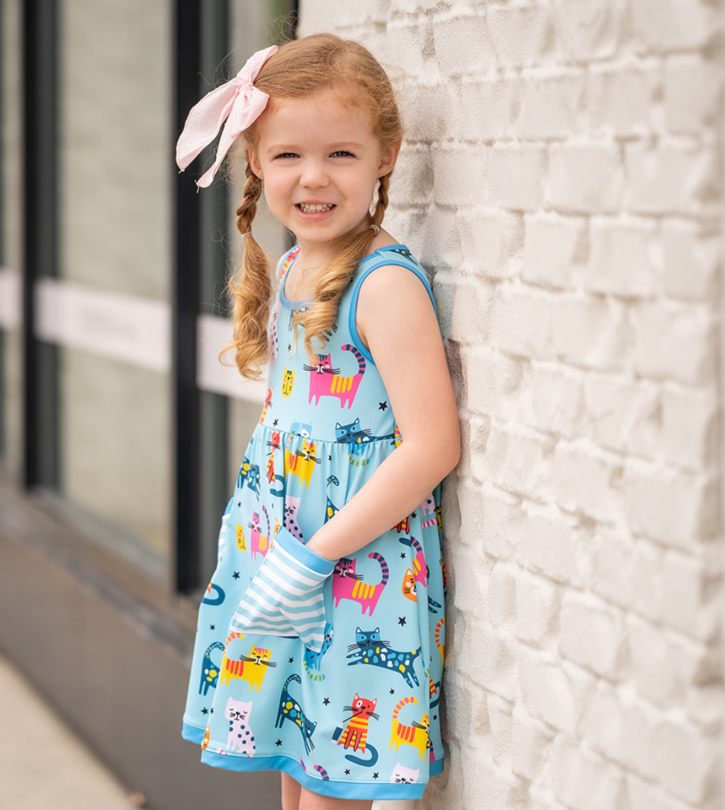 Mint Kitty Cats Sleeveless Dress & Shorts
