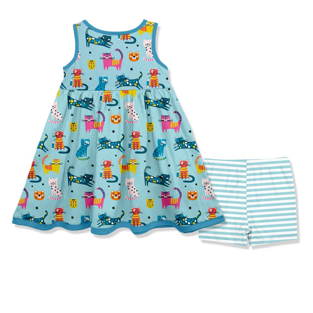 Mint Kitty Cats Sleeveless Dress & Shorts
