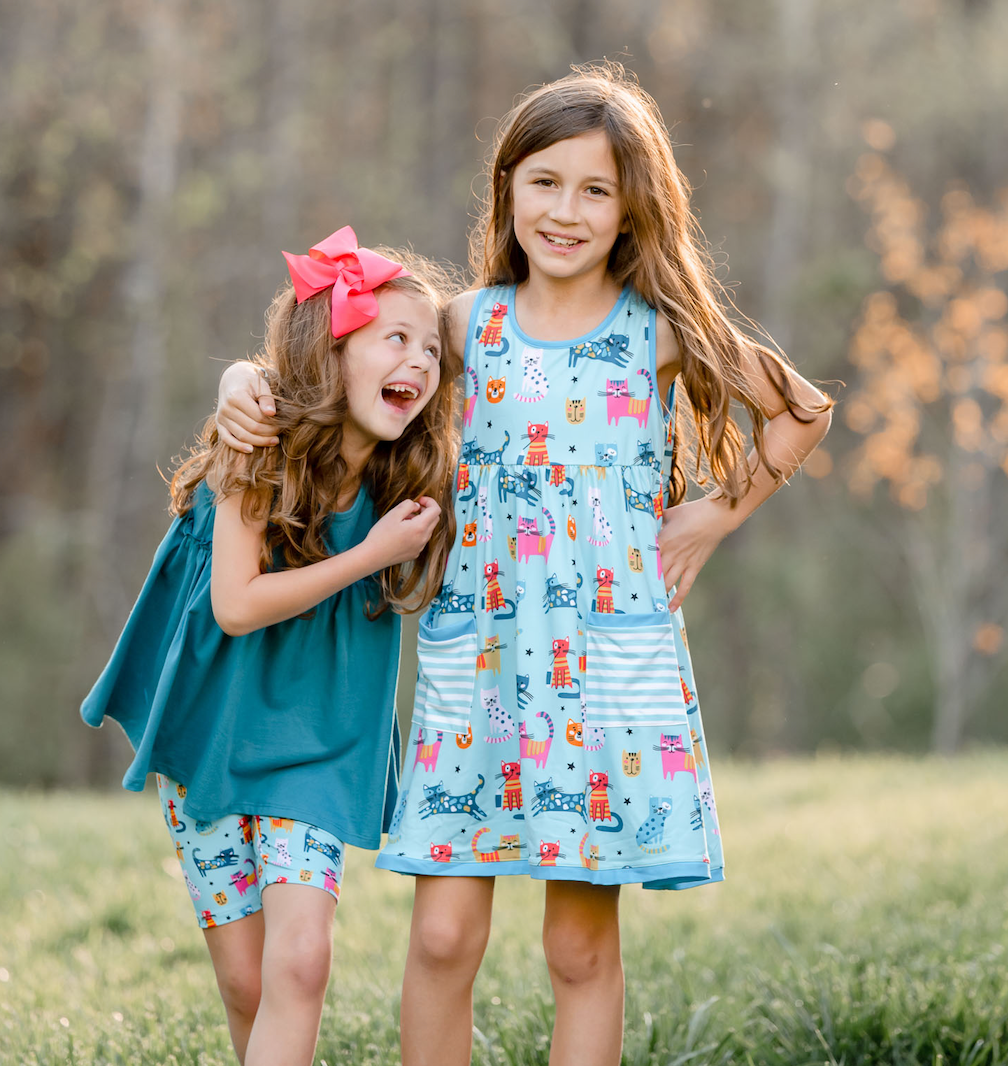 Mint Kitty Cats Sleeveless Dress & Shorts
