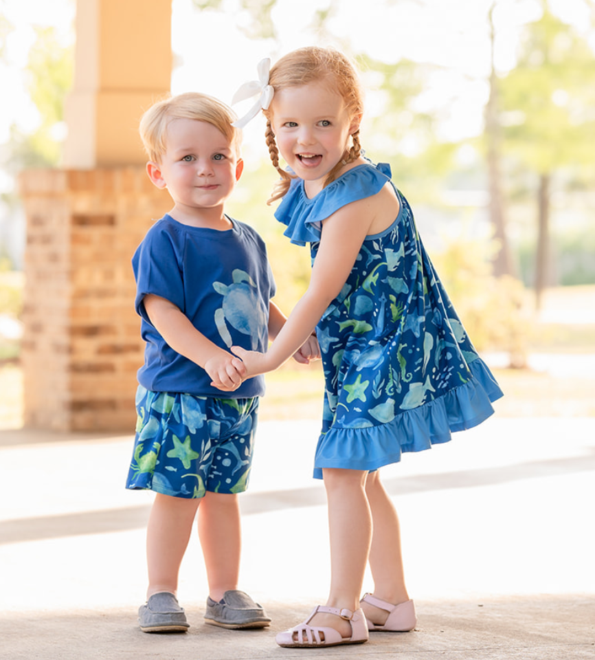 Blue Underwater Ruffle-Hem Yoke Dress