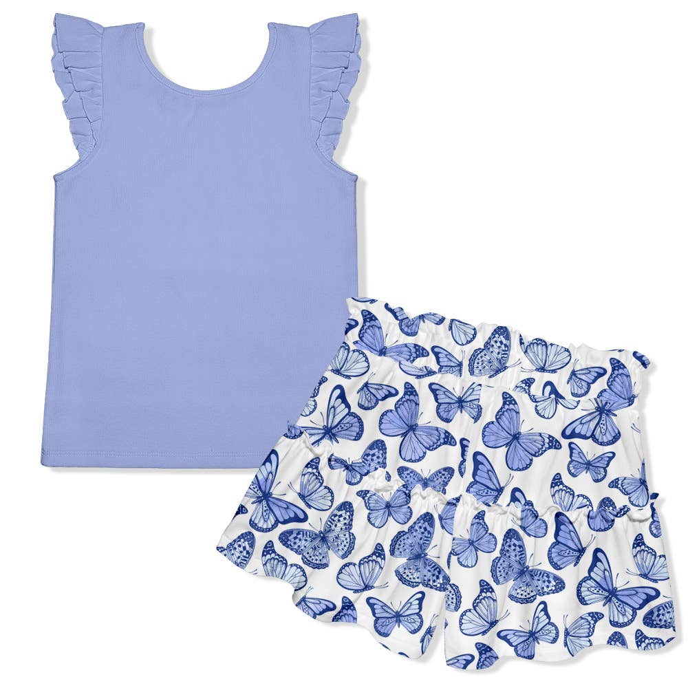 Periwinkle Ribbed Top & Blue Butterflies Split Skirt