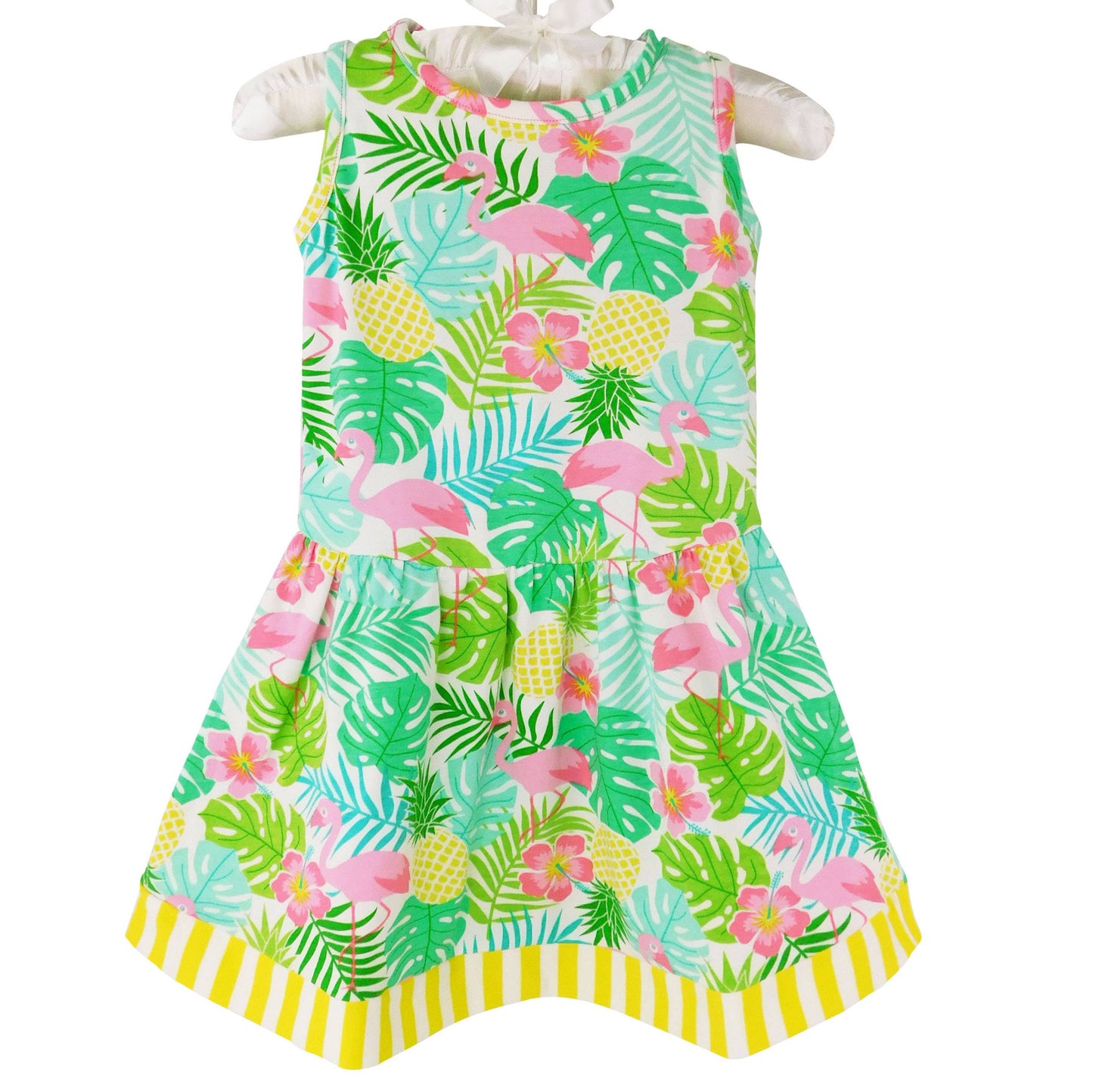 Girls Pink Flamingo & Palm Trees Tropical Sleeveless Dress