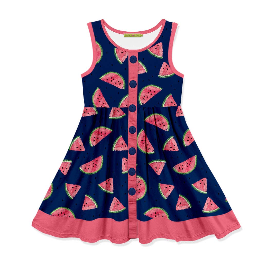 Girls Navy Watermelon Sleeveless Button-Front A-Line Dress