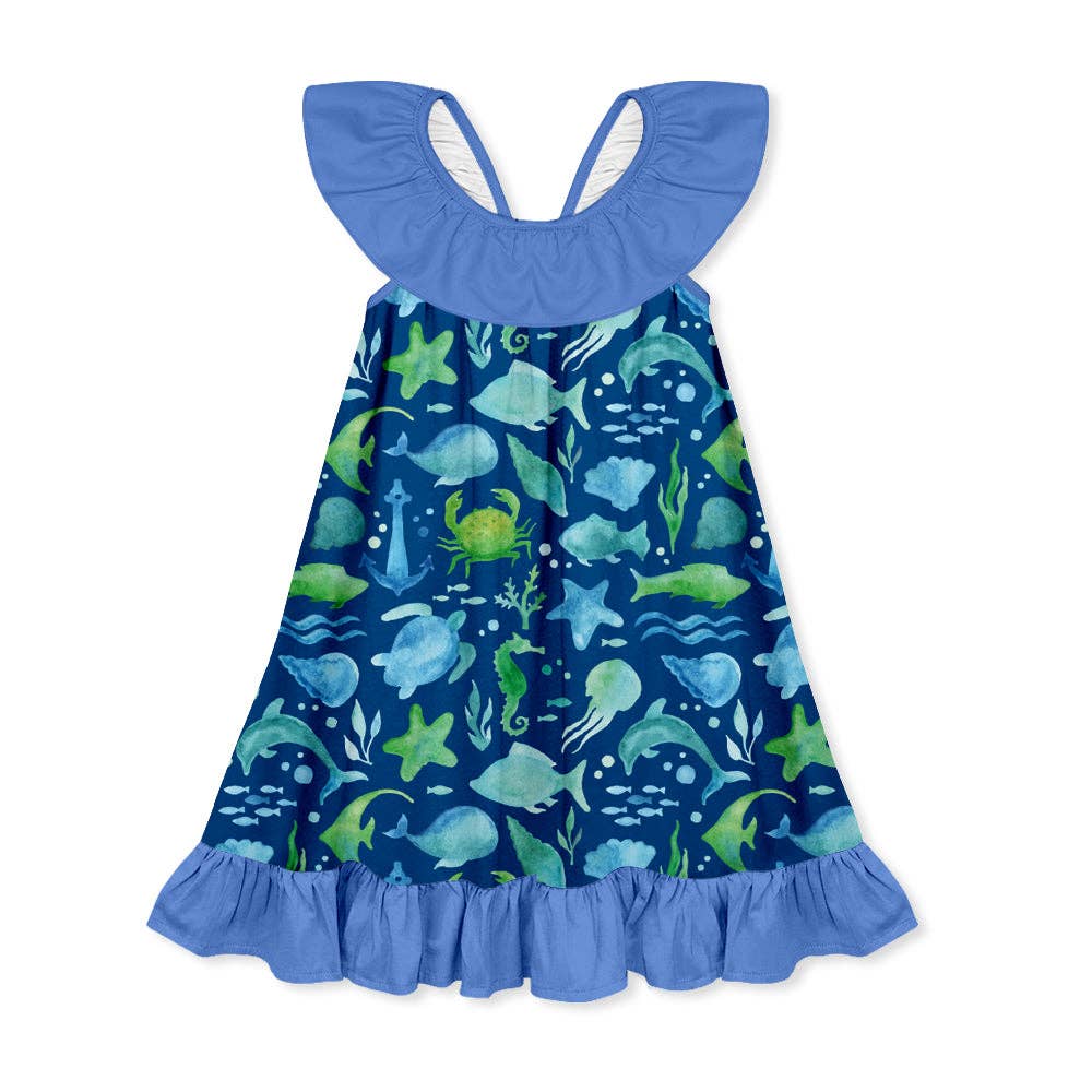 Blue Underwater Ruffle-Hem Yoke Dress
