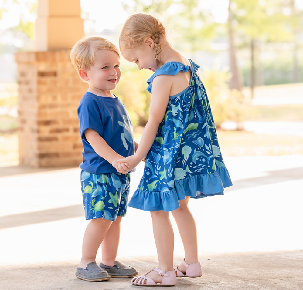Blue Underwater Ruffle-Hem Yoke Dress