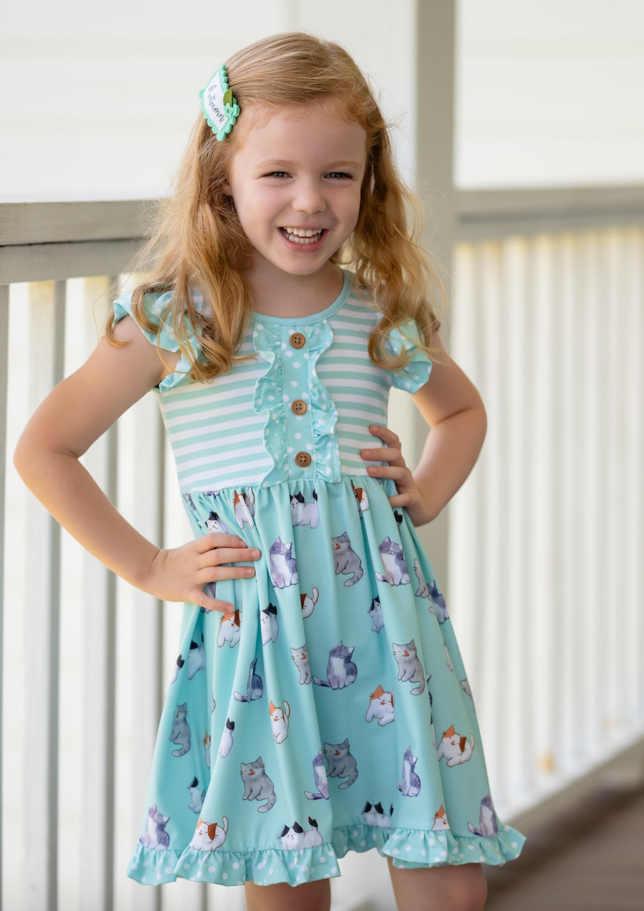 Girls Mint Kitty Dreams Button-Front A-Line Dress & Shorts