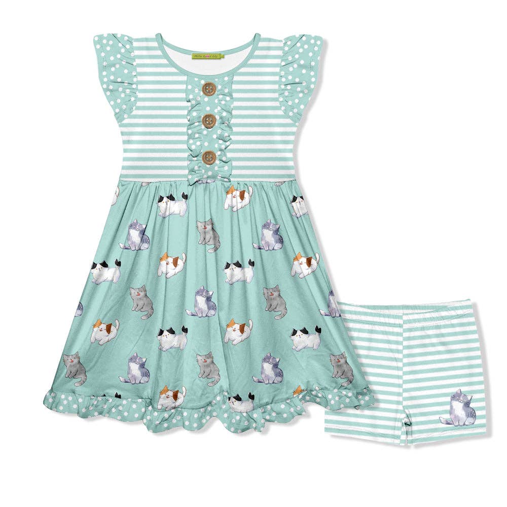 Girls Mint Kitty Dreams Button-Front A-Line Dress & Shorts