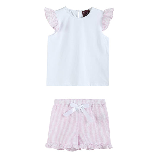 White & Pink Seersucker Top and Shorts Set