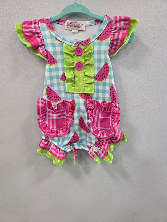 Plaid Watermelon Romper with Pockets